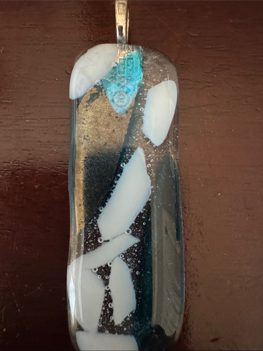 Handmade Glass Pendant in White, Turquoise & Gold